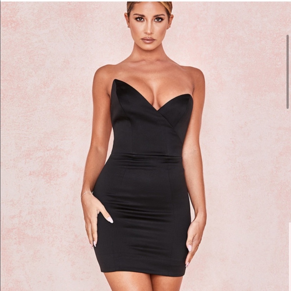 House of CB Asymmetrical black satin mini dress